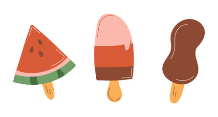 Ice cream set. Chocolate Popsicle on stick, watermelon shape, striped. Collection sweetie, gelatos. Cold summer dessert. Sweet delicious food. Colored with outline. Isolated. Vector illustration