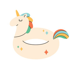 Inflatable swimming ring in the shape of a unicorn. Rubber ring. Summer beach vacation. Inflatable pool toy. Vector illustration in flat style