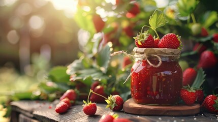 Strawberry jam in a glass jar, fruits, homemade jam, garden background, farm, organic product,...
