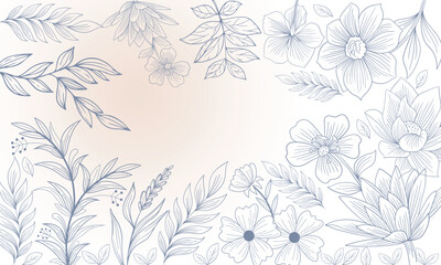 Classic Vintage outline floral seamless pattern. Spring flowers. Metallic grey stroke with light beige background. Template design. Space for custom text in centre. Space for wishes. Editable EPS 10.