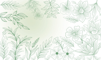 Classic Vintage outline floral seamless pattern. Spring flowers. Green stroke with light green background. Template design. Space for custom text in centre. Space for wishes. Editable EPS 10.