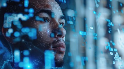 A man is looking at a computer screen with a blue background