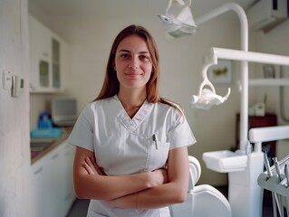 Obraz premium A woman in a white lab coat stands in front of a dental chair
