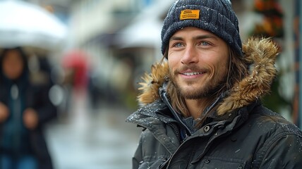 A man wearing a black hat and a black coat is smiling