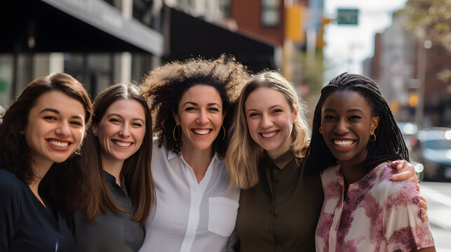 Portrait of cheerful mixed age range multi-ethnic women celebrating International Women's Day
