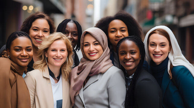 Portrait of cheerful mixed age range multi-ethnic women celebrating International Women's Day
