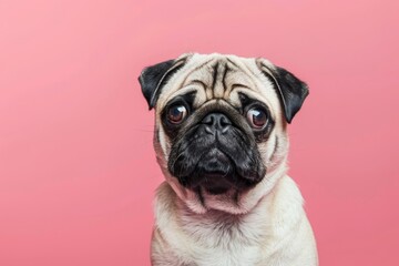 Pug dog in front of a pink background