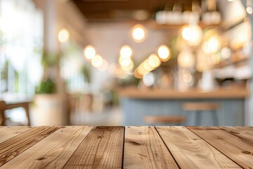 Wood table background, Shelf at cafe shop, Perspective wood over blur cafe with bokeh light background, Table for product display, Empty wooden counter in blur white room for mockup - generative ai
