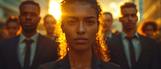 Obraz premium Confident business individuals backlit by the setting sun, showcasing determination