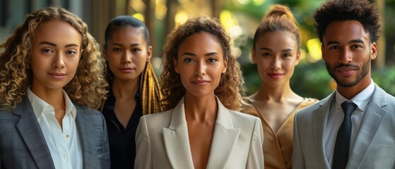 A line-up of multicultural professional individuals, smiling confidently