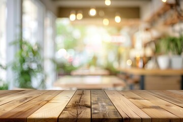 Wood table background, Shelf at cafe shop, Perspective wood over blur cafe with bokeh light background, Table for product display, Empty wooden counter in blur white room for mockup - generative ai