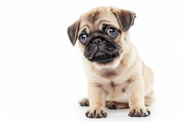 Scared little pug puppy looking away