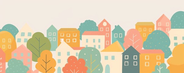 colorful city buildings, simple shapes and lines, minimalism, bold outlines, cute, simple design, simple background Generative AI