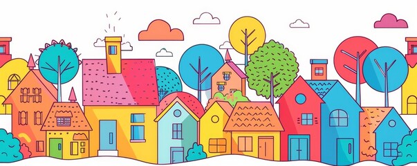 Fototapeta premium A simple line drawing of colorful houses and trees in the city Generative AI
