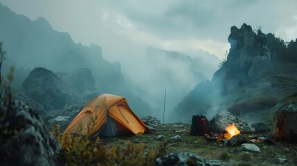 Tent and campfire in mountains. Summer travel, adventure and journey concept. Healthy active lifestyle and hiking trip. Design for banner, poster. Camping, campsite