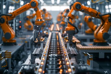 A detailed look at modern automated robotic arms engaged in the manufacturing process on a factory floor, showcasing the intersection of industry and technology