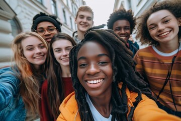 Obraz premium A diverse group of smiling young people take a selfie together on a city street