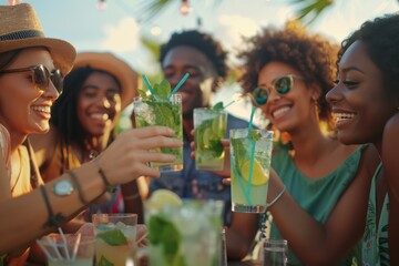 Happy young adults raise their glasses in a celebration toast, enjoying a tropical setting - Powered by Adobe