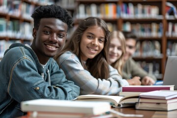 Multiethnic group of students studying together with laptops and books in a library setting