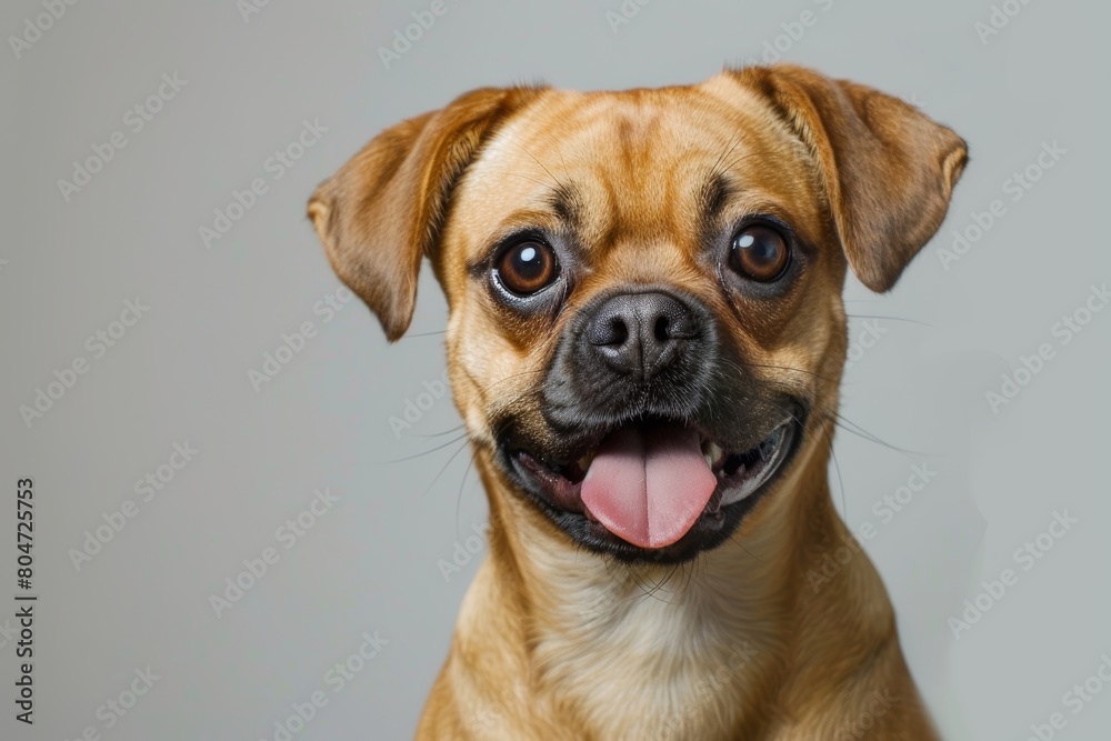 Canvas Prints studio portrait of puggle dog sitting against light grey background with tongue out