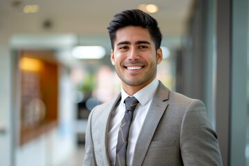 Obraz premium Confident and smiling young businessman standing in a corporate setting, representing professionalism and success