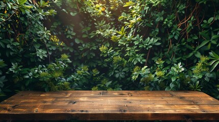 Wooden Table Covered With Green Leaves