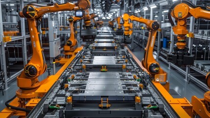 Modern EV Factory On Automated Production Line Robot Arms Transporting Automotive Battery Modules onto Conveyor Belt Electric Car Battery Pack Manufacturing Process