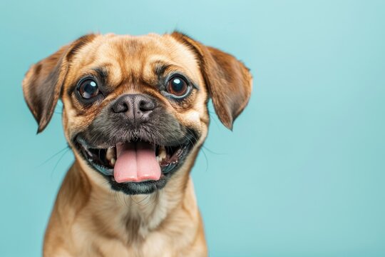 Studio Headshot of Smiling Puggle Dog With Tongue Out Against a Light Blue Background