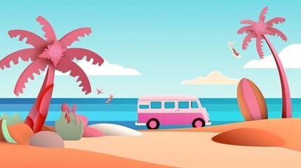 Pink Van Parked on Sandy Beach