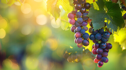 A cluster of seedless grapes on vine with sunlight filtering through leaves