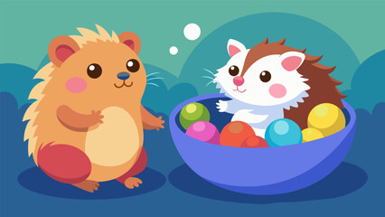Naklejka premium A shy guinea pig and a playful hedgehog roll around in a virtual ball pit their tiny noses twitching with excitement as they make new friends.. Vector illustration