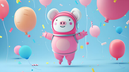 A pink pig in a space suit surrounded by balloons and confetti under azure sky