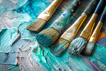 Fototapeta premium Dynamic Art multicolored splatter drawing tools. Painting brushes with colorful materials for painter work. Generate ai
