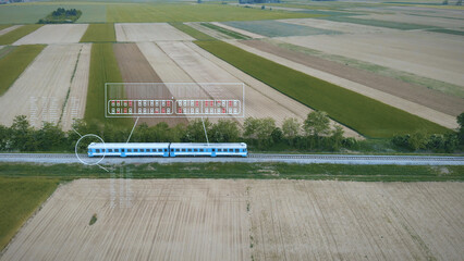 Autonomous train running on track with animation of online booking of seats. Automation concept with 3D graphic