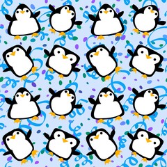 Cartoon festive animals seamless birthday decor and penguin pattern for wrapping paper and fabrics