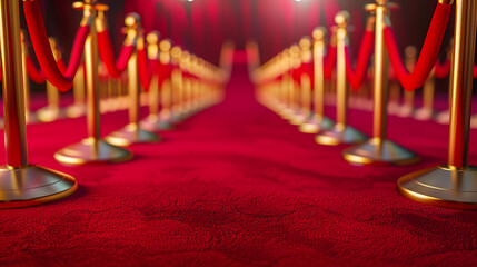 the image depicts a red carpet event setup. Let me elaborate on the details: The image features a long, luxurious red carpet extending towards the background