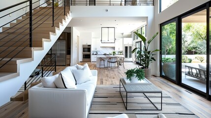 Beautiful apartment, unique interior solutions. Minimalist style furniture, where indoor plants have their own place with the furniture.