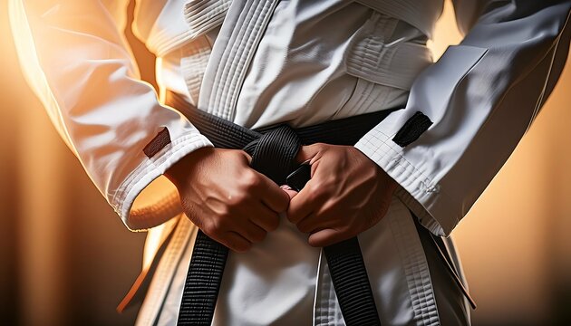 DETALHE DAS M&Atilde;OS DE UM JUDOCA AMARRANDO A FAIXA PRETA ANTES DE UMA COMPETI&Ccedil;&Atilde;O