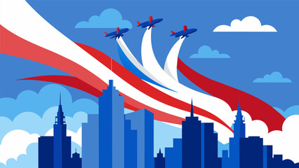 As the jets fly over the city they leave behind a trail of patriotic fervor and pride that lingers long after the engines have faded into the. Vector illustration