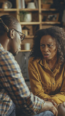 Obraz premium Man and Woman Discussing on Couch
