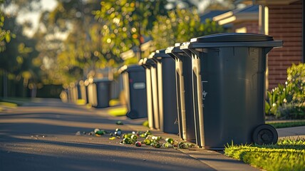 A row of trash cans are lined up on the side of a road