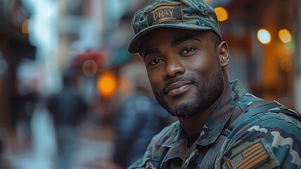 A man in a camouflage jacket and hat is smiling
