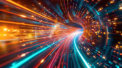 The image is vibrant, with red, orange, and blue hues dominating the scene. It appears to represent digital data or information traveling at high speed through a tunnel or pathway