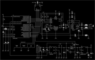 Schematic diagram of electronic device.
Vector drawing electrical circuit with 
integrated circuit, usb, microcontroller,
resistor, capacitor, other components 
on background of paper sheet.