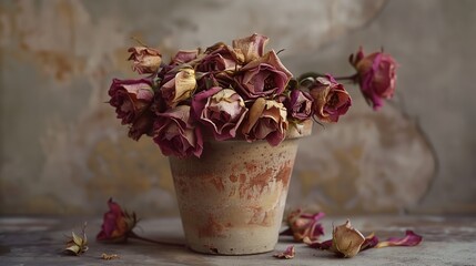 Dried flowers in a pot against the background of an old wall