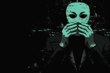 A businessman holding a mask symbolizes a business trap in a modern illustration of a danger betrayal - obrazy, fototapety, plakaty
