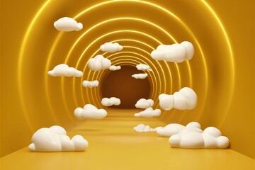 White clouds floating within a tunnel illuminated by concentric neon circles, 3D render, abstract yellow background