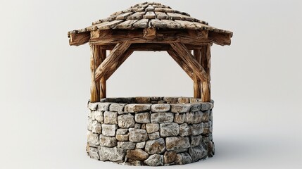 3D medieval well, stone textures, rustic wood, minimal white background, soft shadow, frontal view, game asset artwork