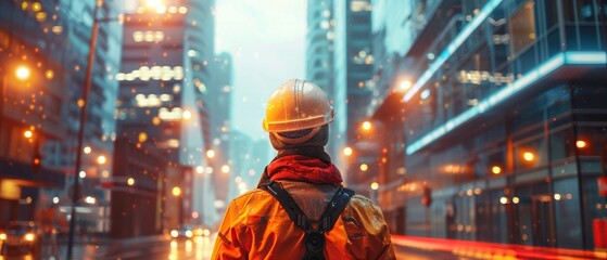 Construction Worker in Reflective Safety Gear Observing the Illuminated Cityscape
