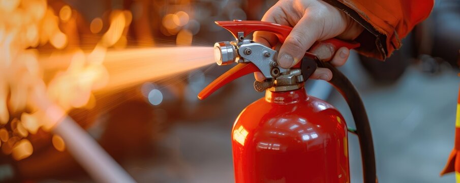 Close up of the fire extinguisher in hand fireman using for fire fighting